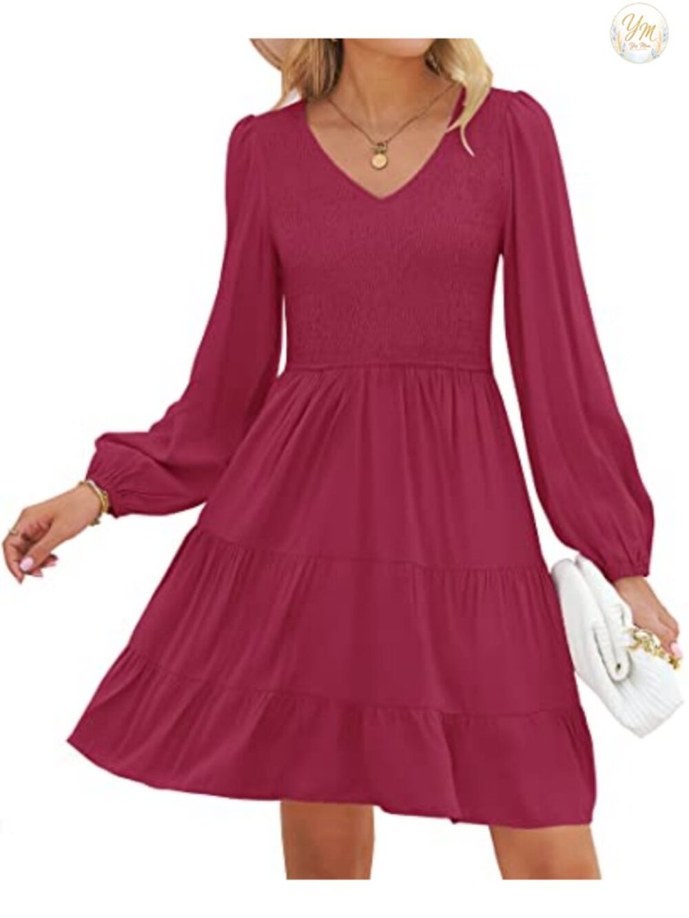 Womens Long Sleeve V Neck Smocked Mini Dress A Line Tiered Babydoll